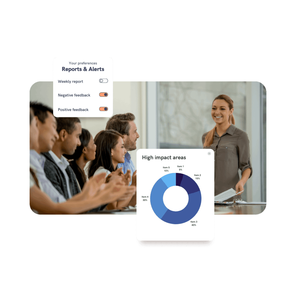 A woman in a meeting room with example widgets showing customer effort score notifications