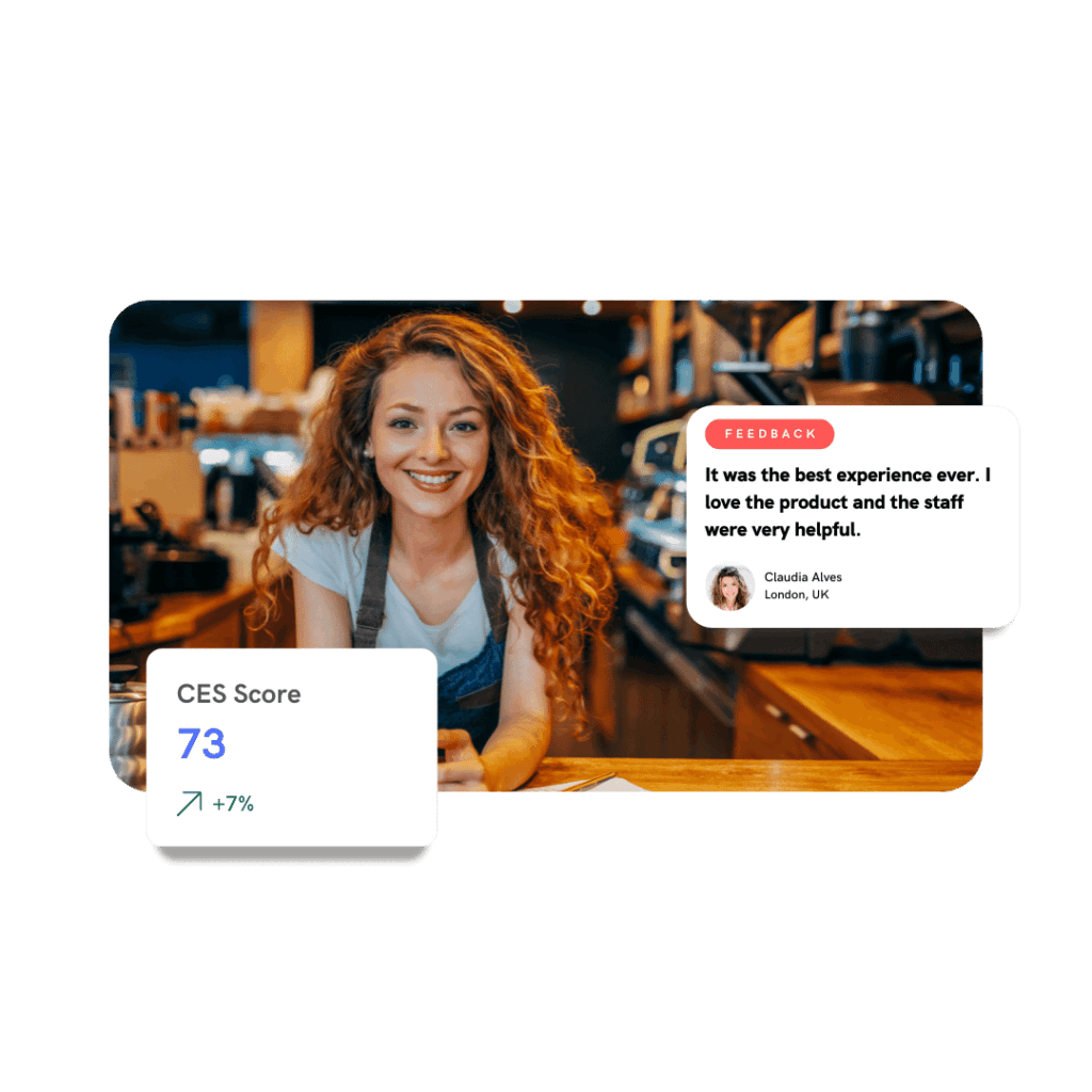 A woman smiling at a bar with a real time indicator showing the customer effort score and some customer feedback
