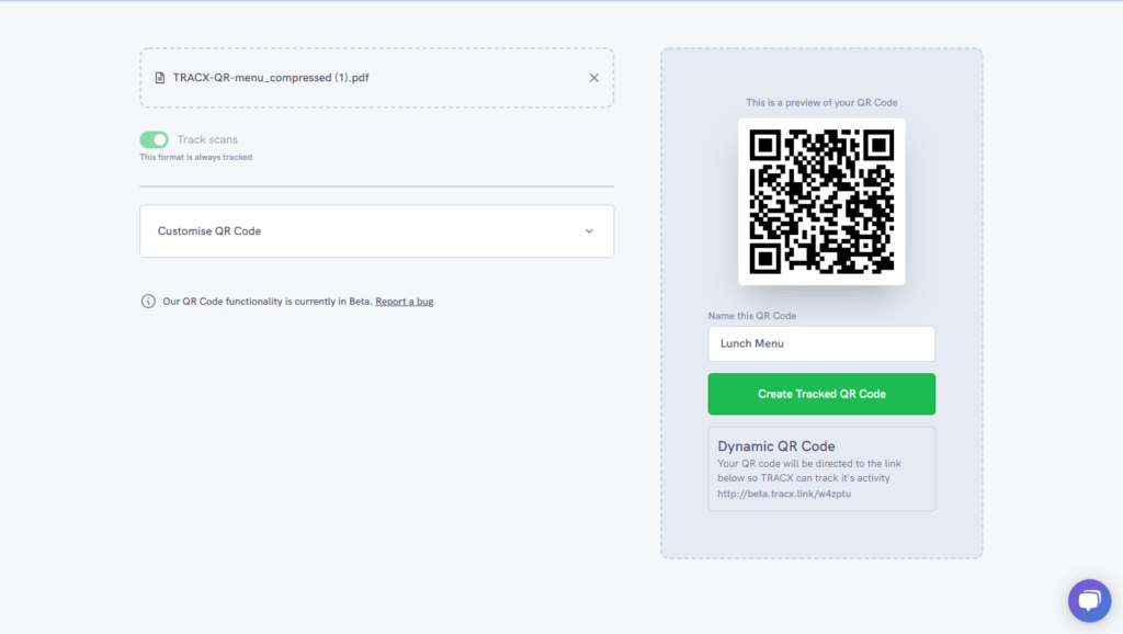 Screenshot of the final step of the qr code menu builder showing the customised QR code