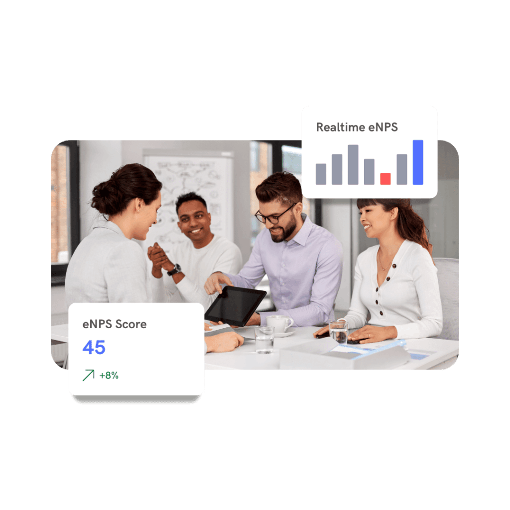 people at work looking at a tablet with widgets showing real-time employee nps scores and eNPS trends