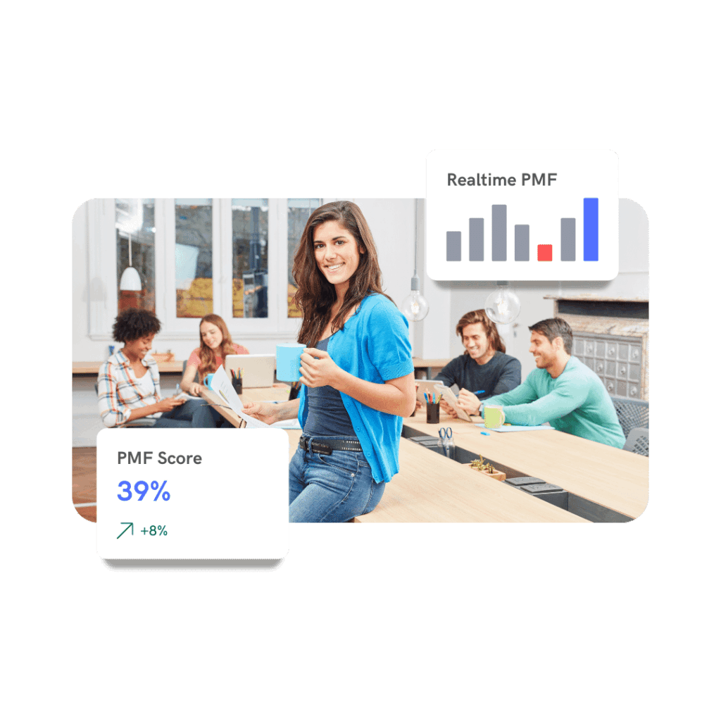 a trendy looking office with workers reviewing real-time pmf survey responses 