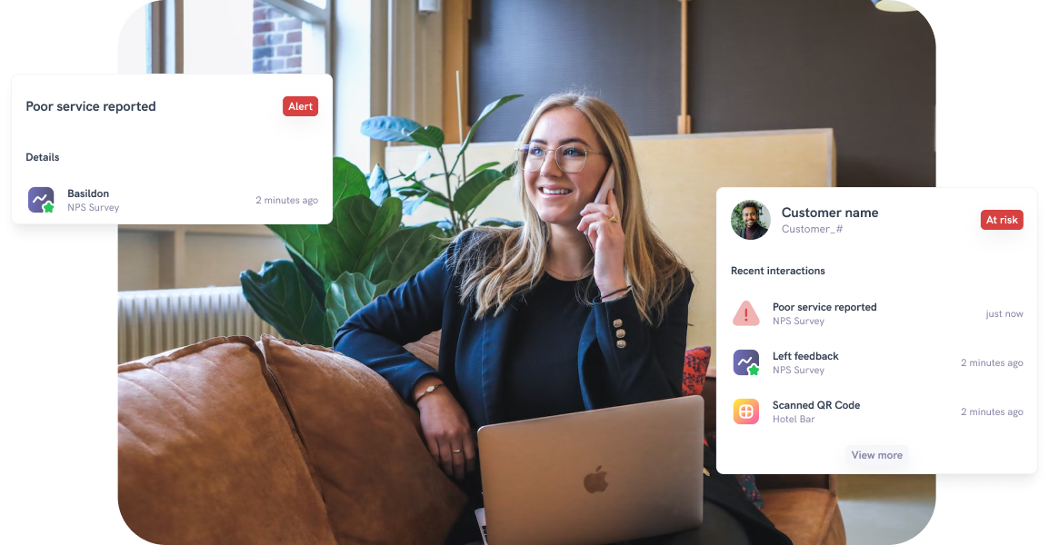 A woman wearing glasses next to screenshots showing customer feedback alerts and notifications