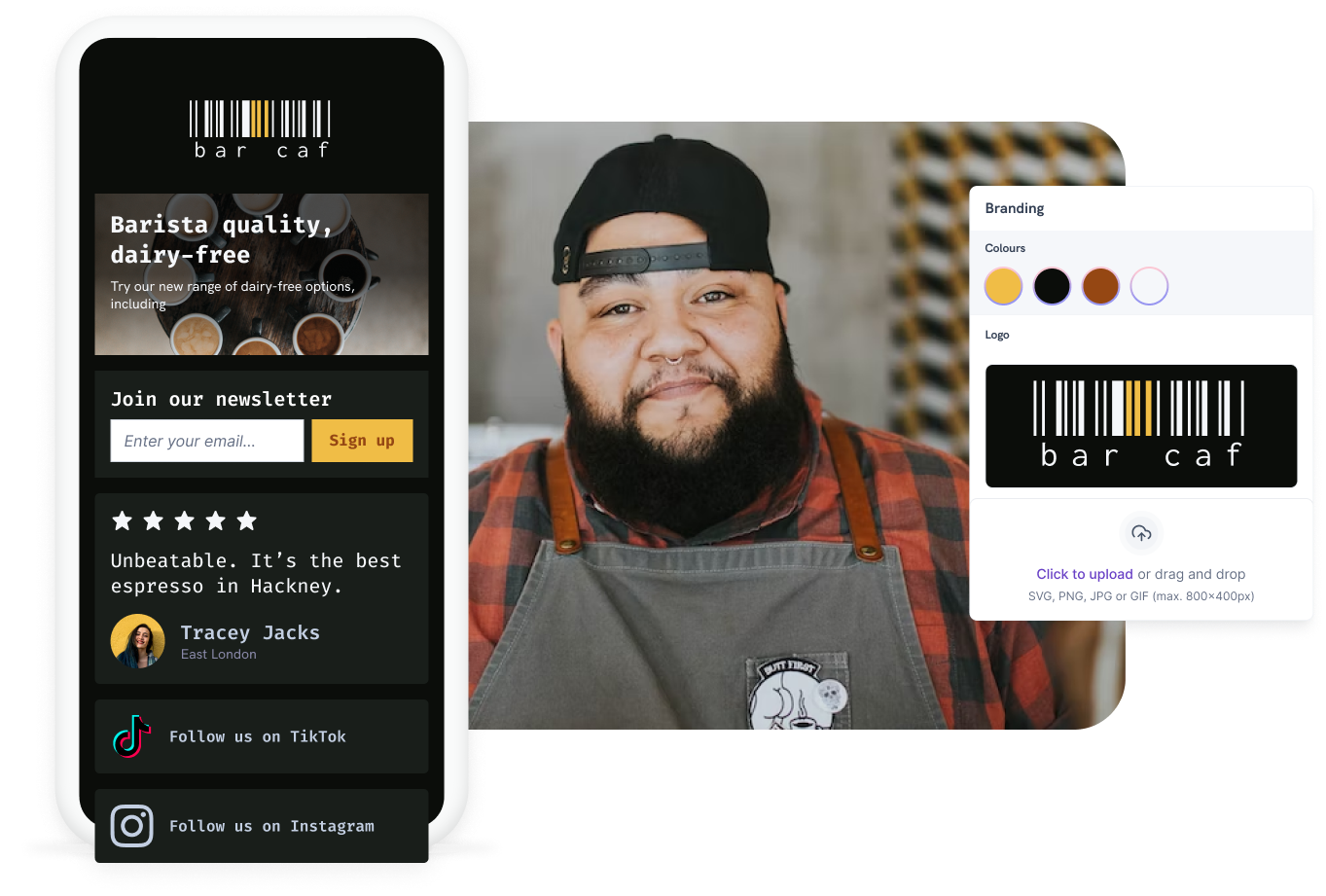 A graphic showing a man in a baseball cap and apron next to a custom landing page for a cafe or bar