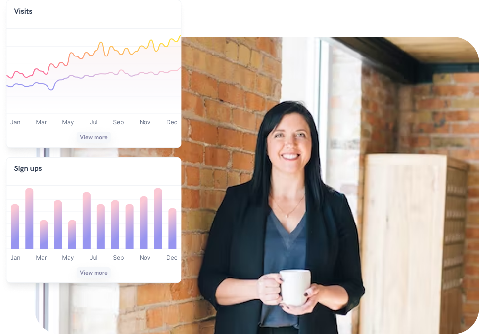 A woman stood by a wall with charts showing analytics data for a link in bio page