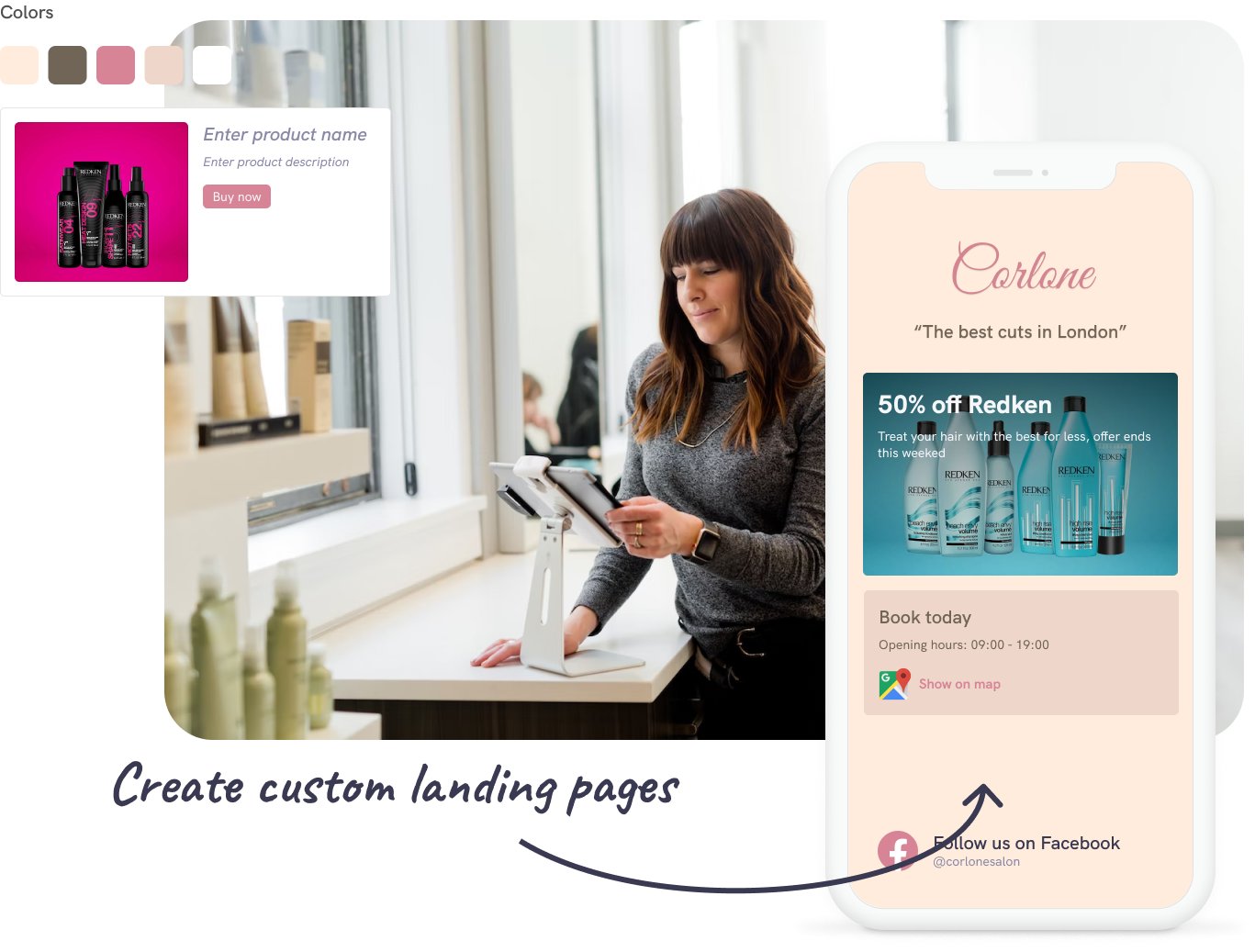 A photo and screenshot showing a woman in a salon creating a custom landing page for a marketing campaign