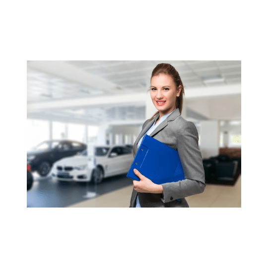 A woman holding a blue clipboard in a car dealership