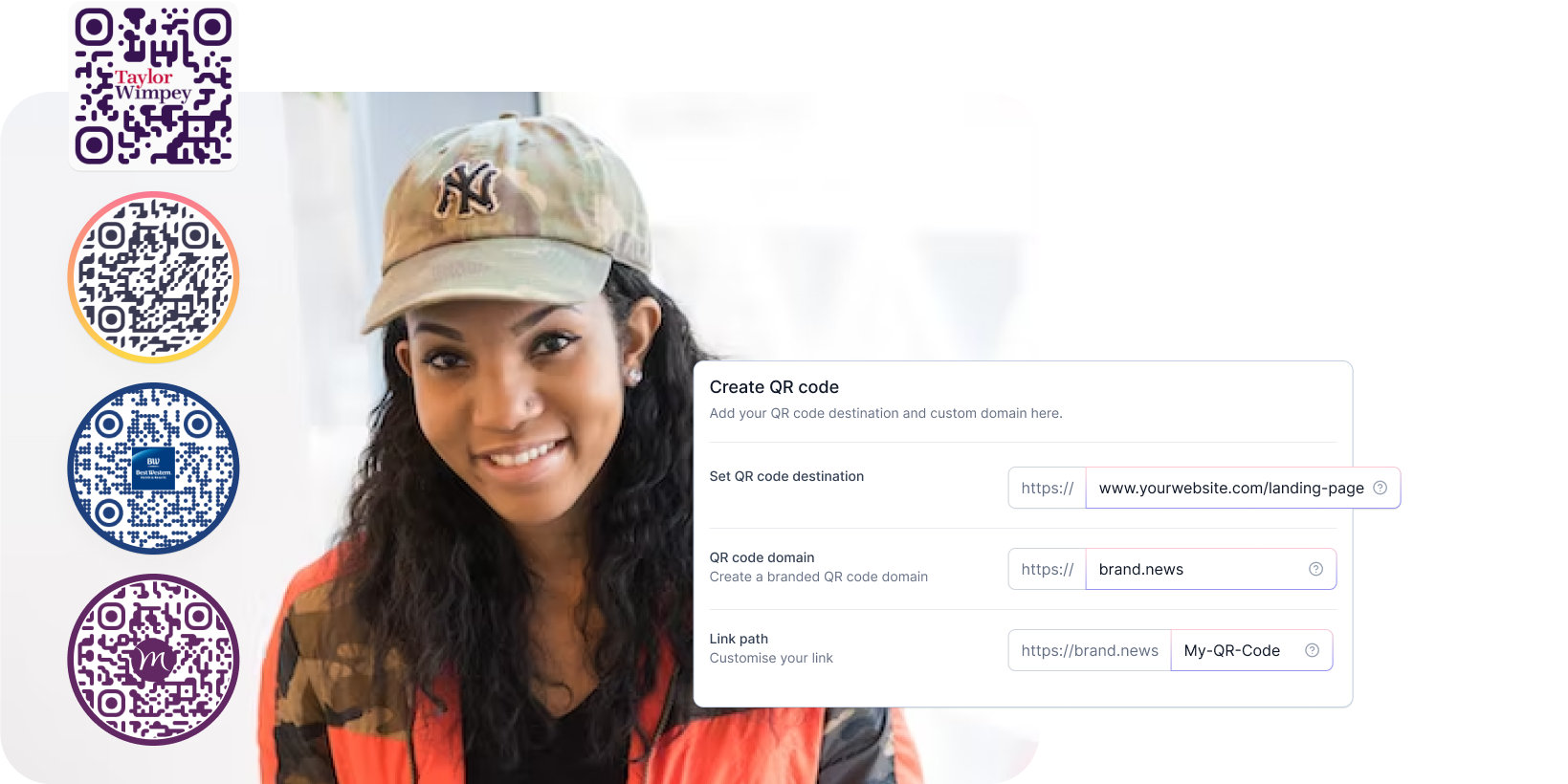 A photo of a woman in a baseball cap next to custom QR codes