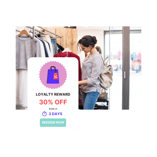 A woman browsing in a clothes shop with a UI demo showing a loyalty offer